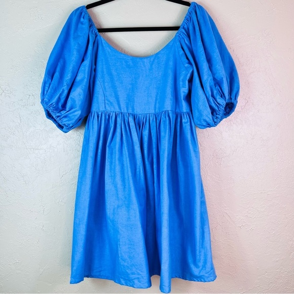 ELF Linen Handmade Puff Sleeve Blue Smocked Milkmaid Dress SIZE LARGE - Picture 1 of 9